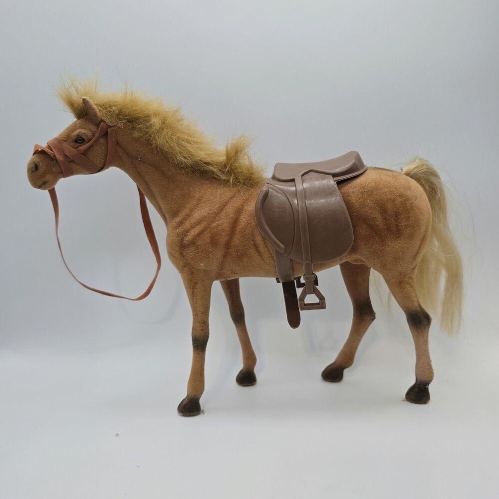 Vintage Flocked Plastic Horse Toy Figurine Pony Brown with saddle - Picture 2 of 14